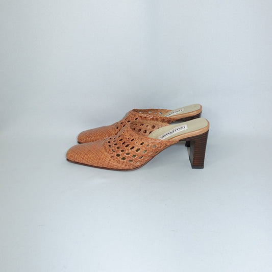 Vintage Caramel Woven Leather Mule Heels