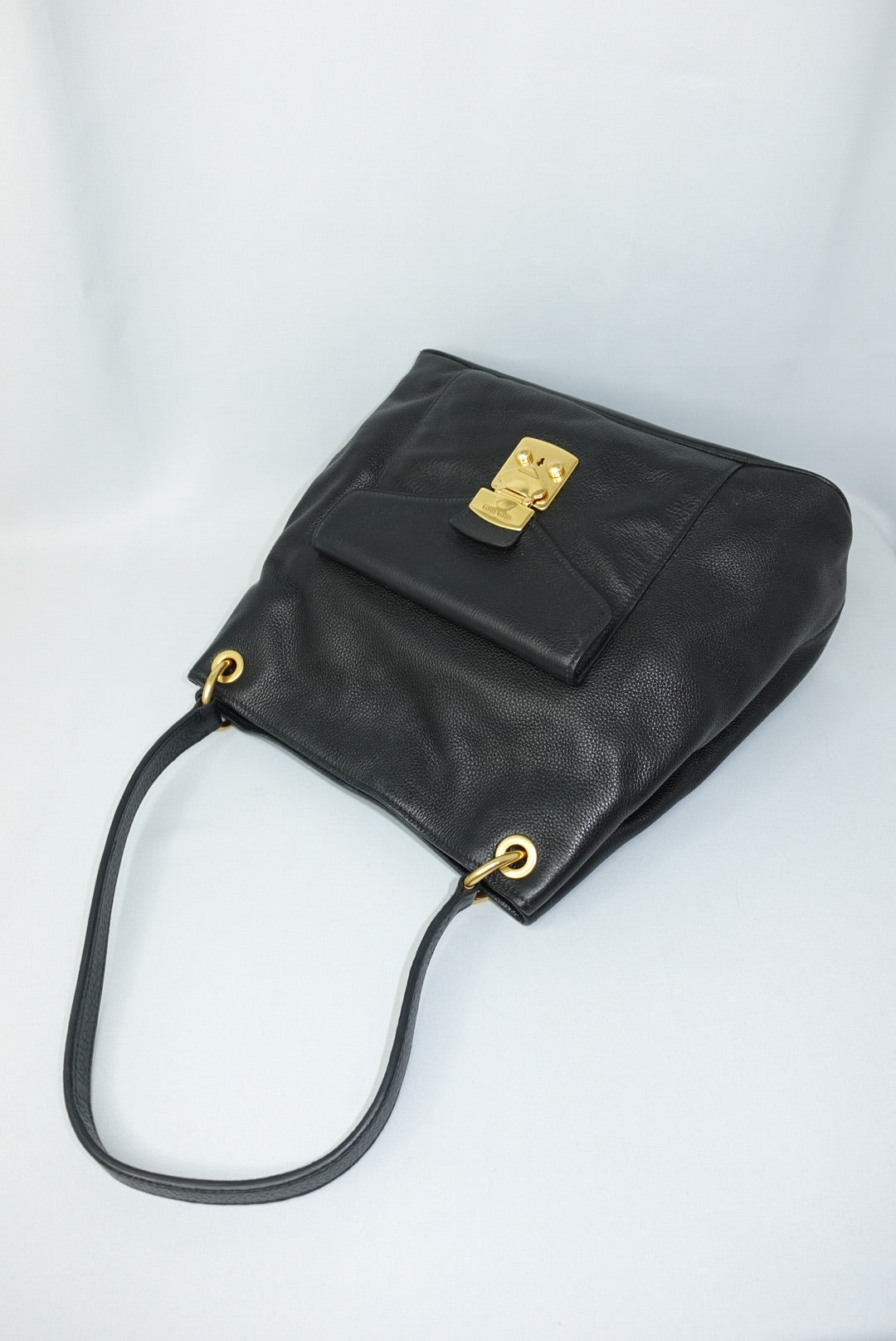 003. MIU MIU Vitello Phenix Front Pocket Tote Black Bag