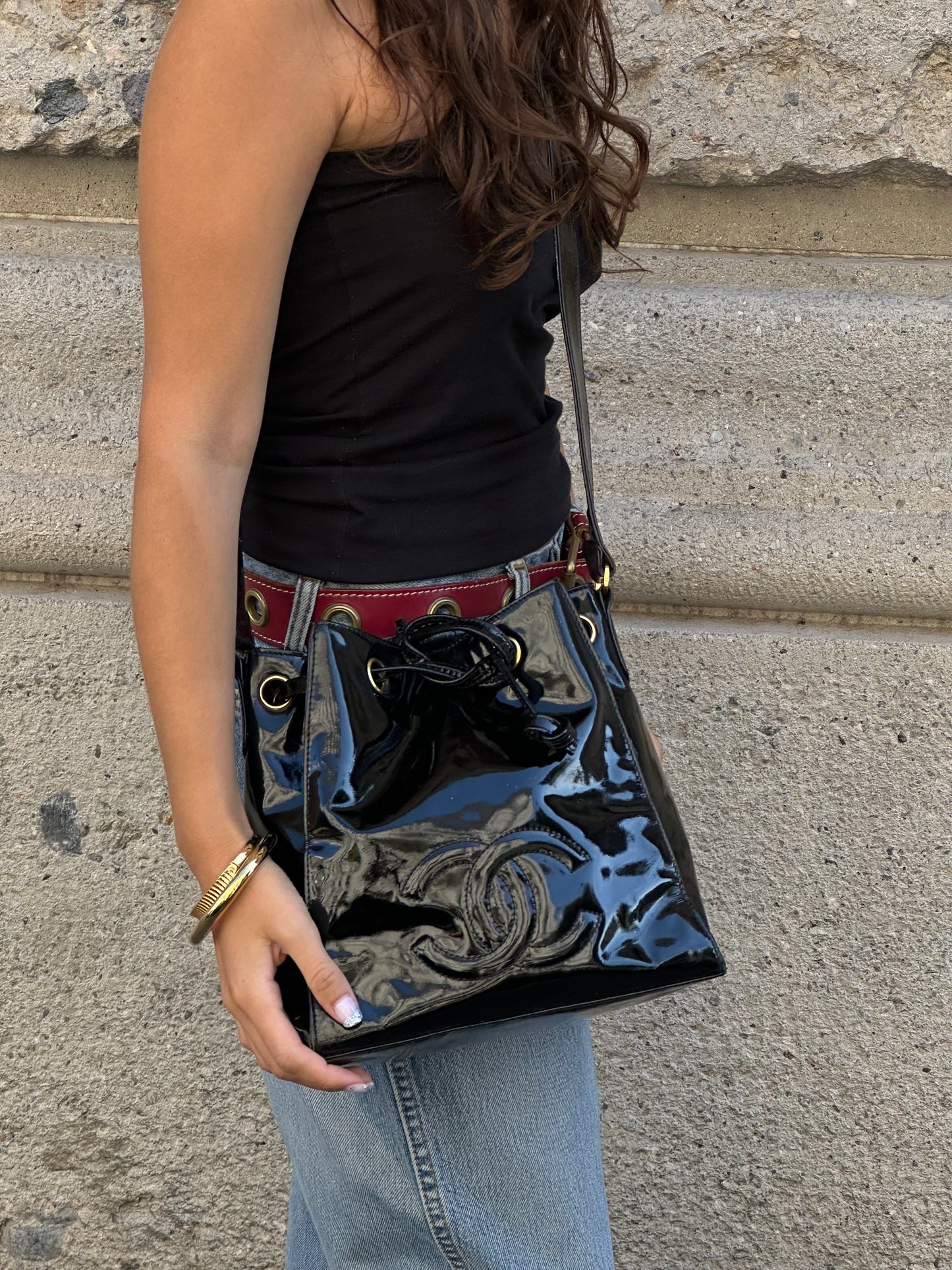Chanel Vintage Black Patent Bucket Shoulder Bag