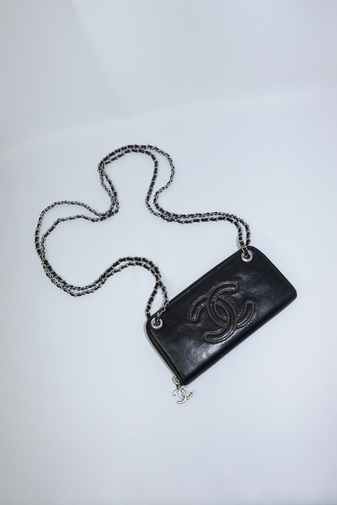 170. Chanel Re-Worked Zip Vintage W.O.C Black CC Chain Interlocking Logo