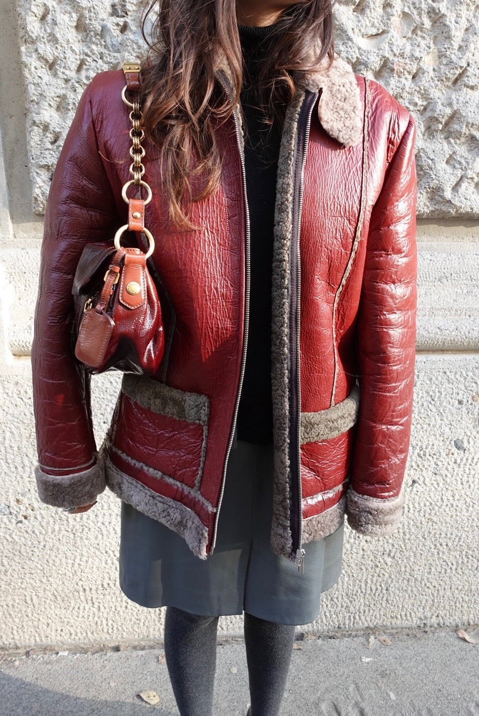 Burgundy Patent Faux Shearling Jacket