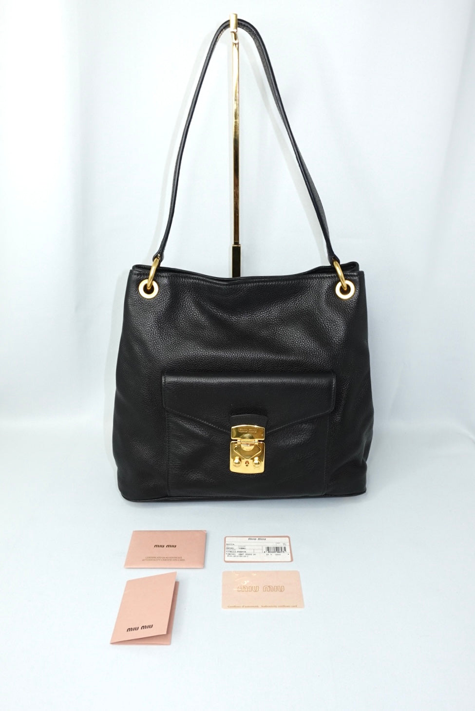 003. MIU MIU Vitello Phenix Front Pocket Tote Black Bag