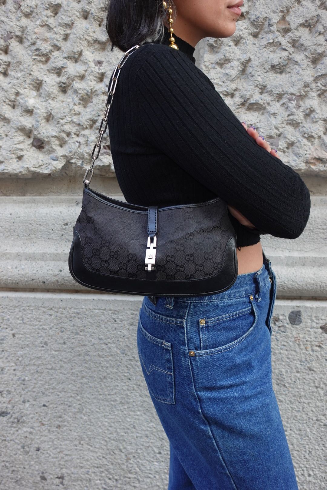 Gucci Mini Jackie Monogram Black Canvas Vintage Shoulder Bag