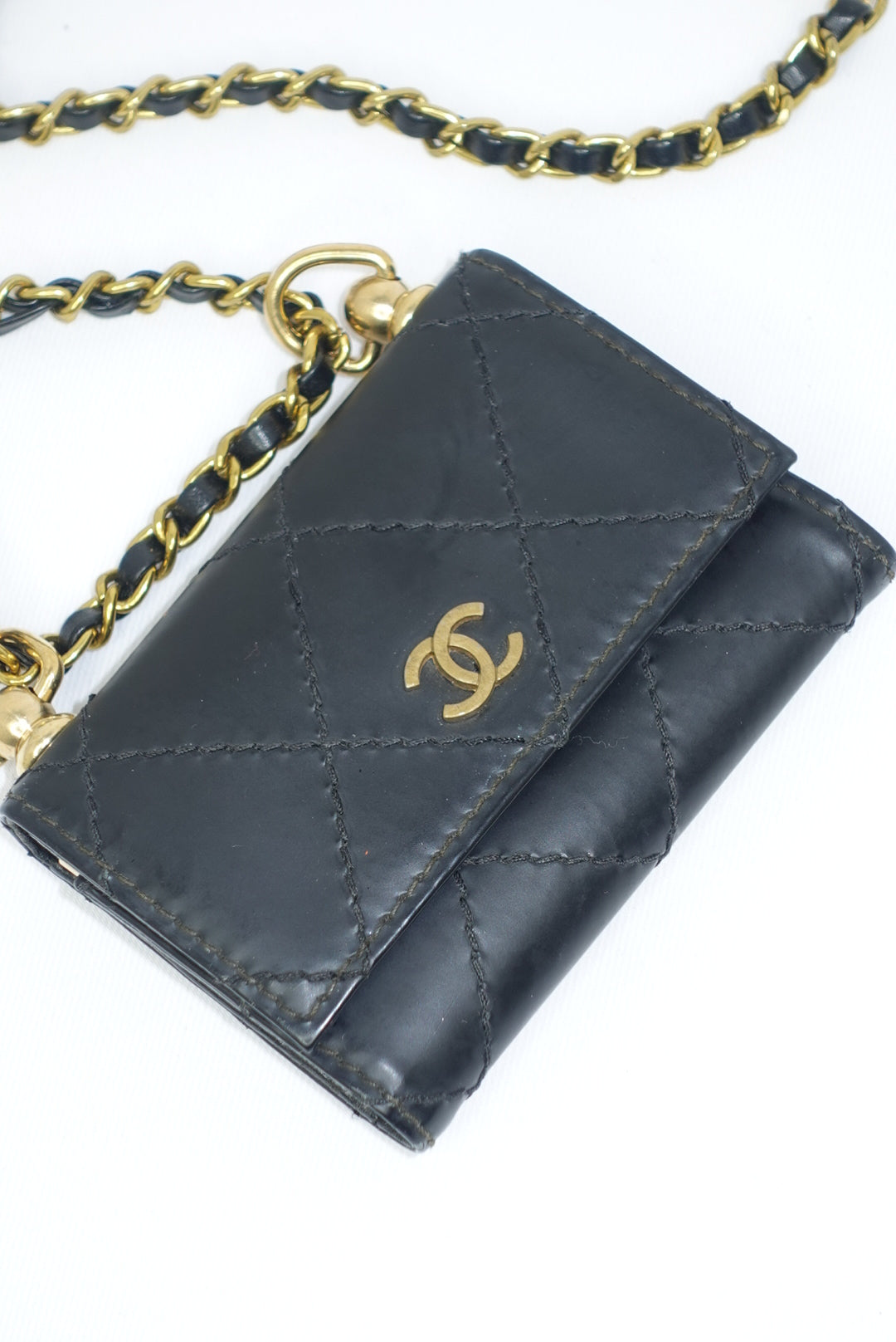 122. Re-Worked Chanel Timeless Mini Keychain Quilted Black Leather W.O.C.
