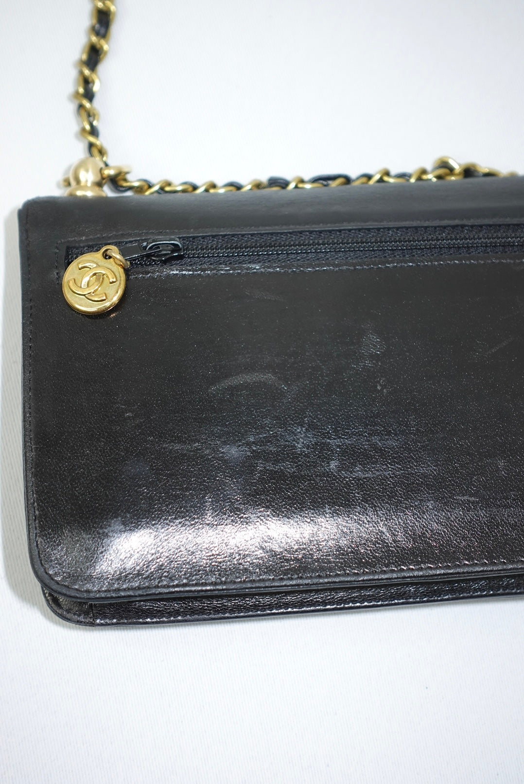 Chanel Re-Worked Vintage Flap Wallet With Chain Black Lambskin CC logo