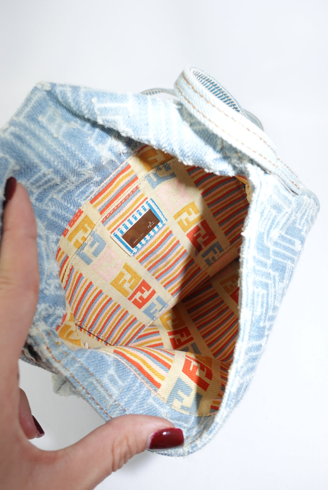 Fendi Zucca Vintage Denim Long Baguette Crossbody Bag