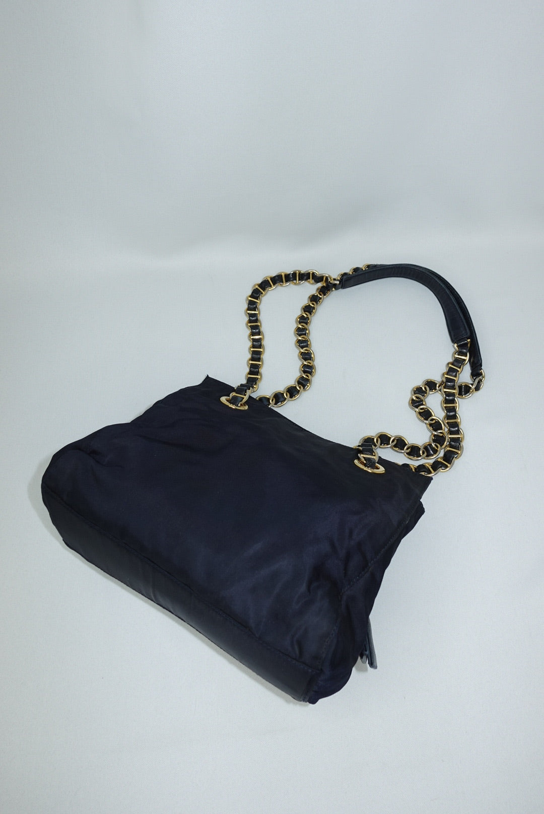 Prada Nylon Navy Gold Toned Chain Shoulder Bag