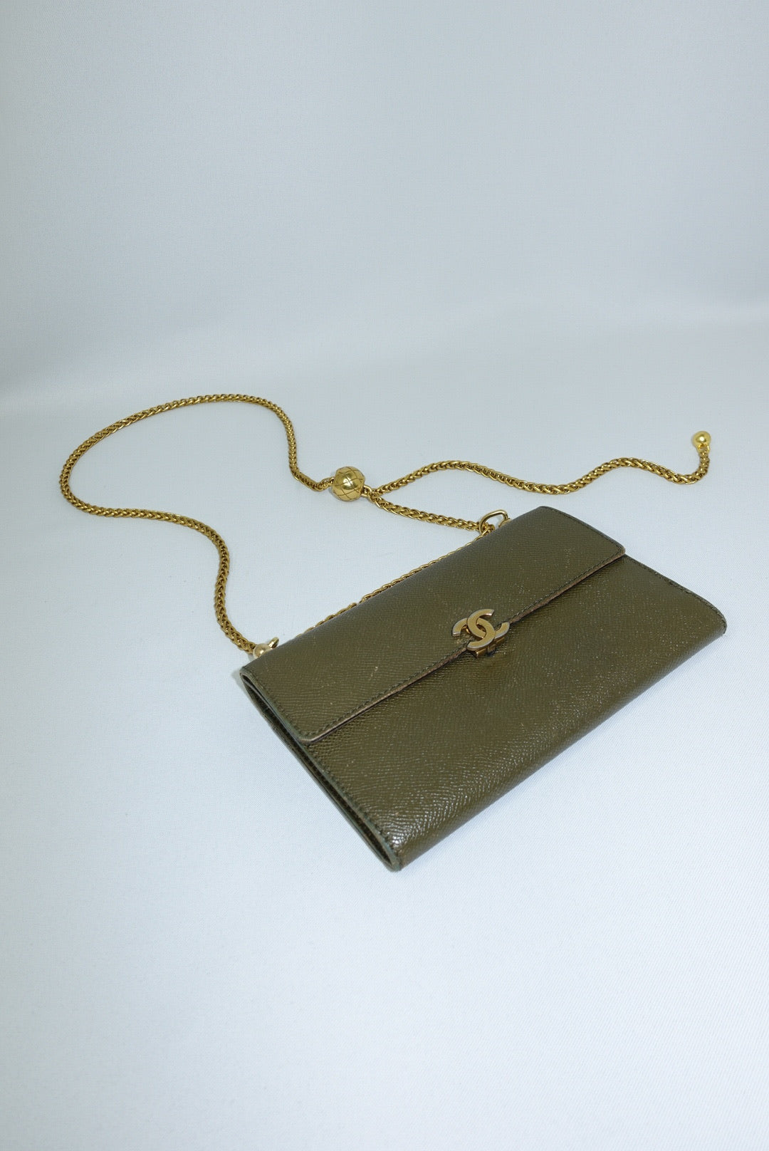 008. Re-Worked Chanel Vintage Olive Green Trifold Flap W.O.C.