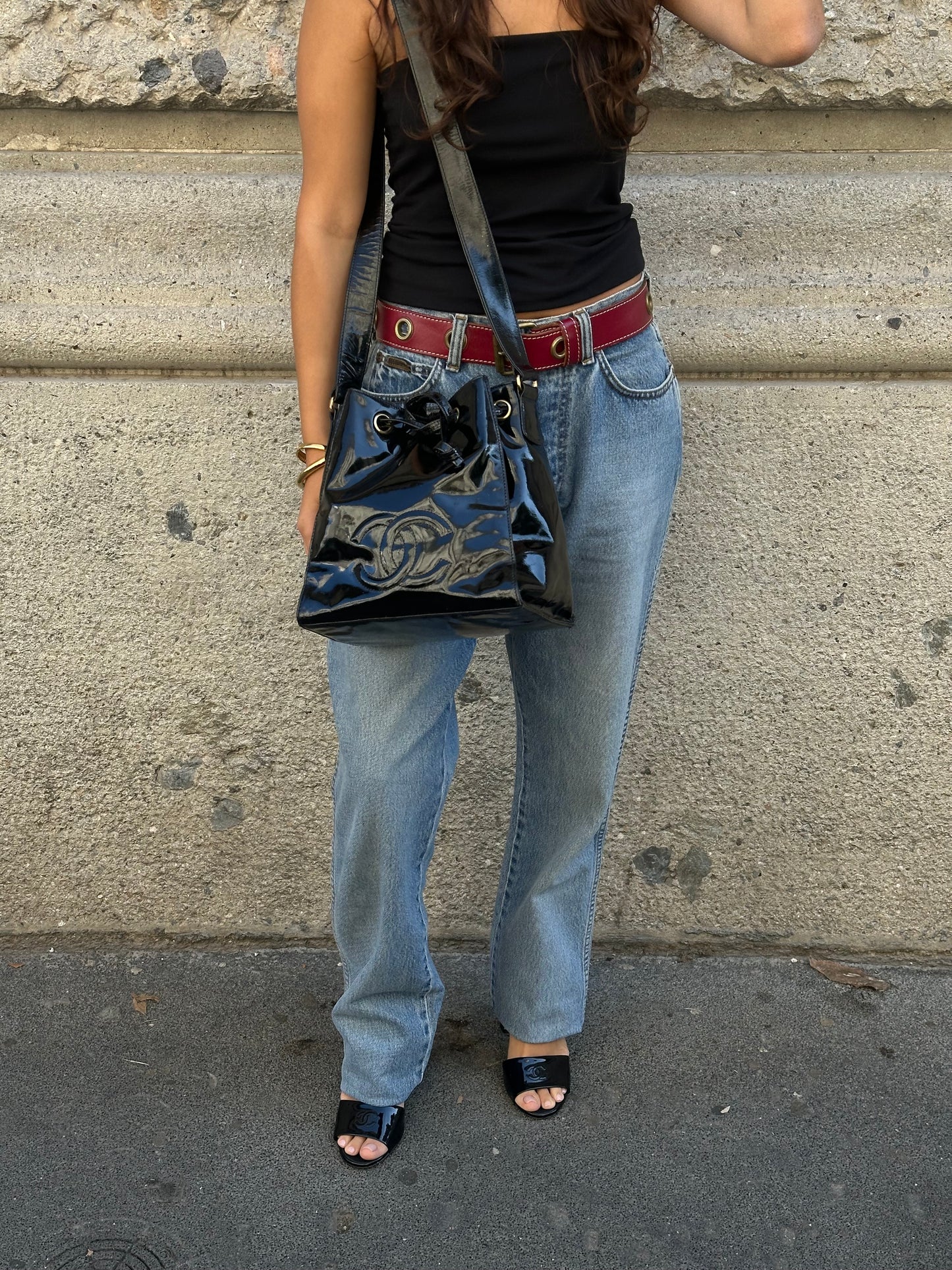 Chanel Vintage Black Patent Bucket Shoulder Bag
