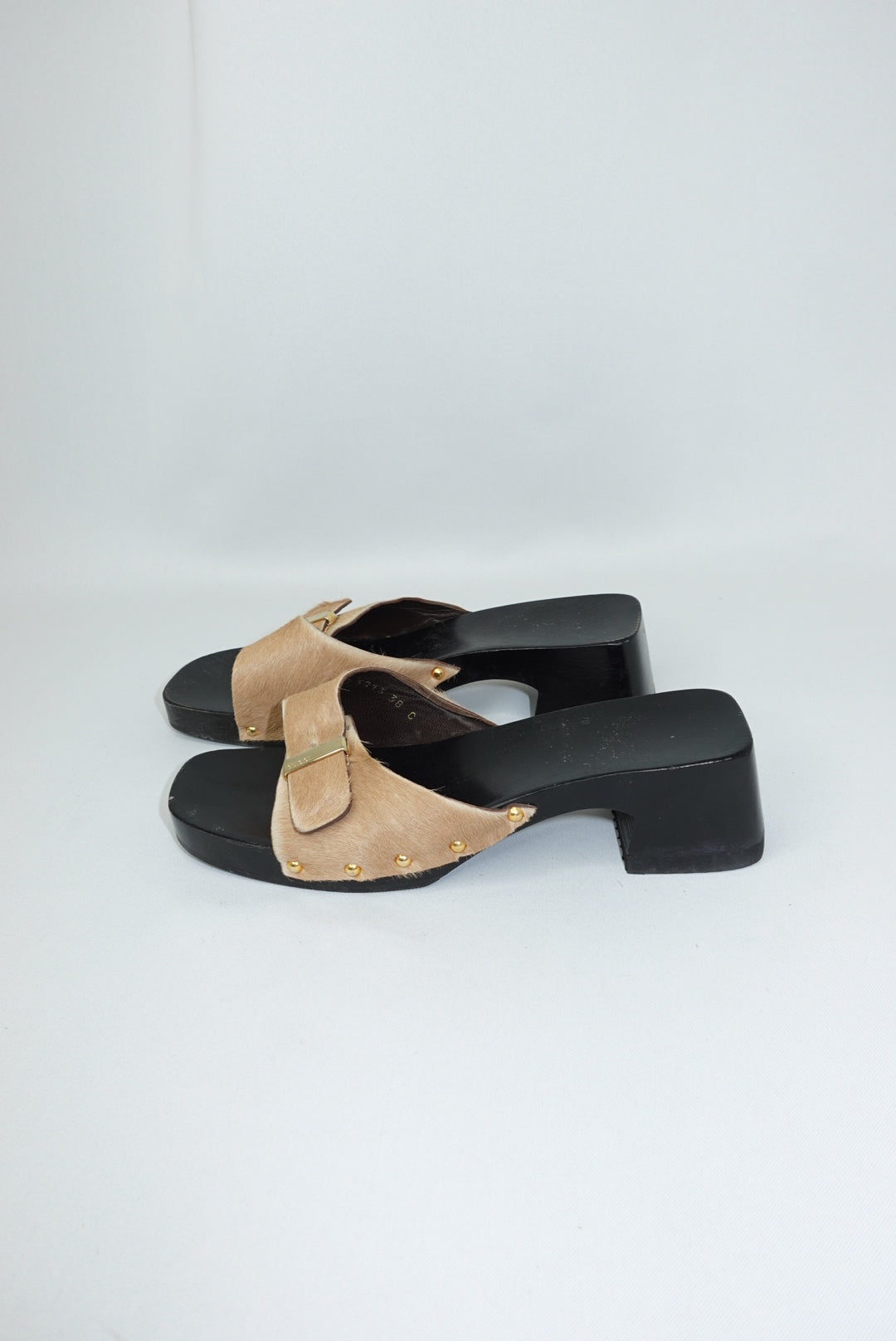 Gucci Vintage Pony Hair Beige and Gold Clogs 38