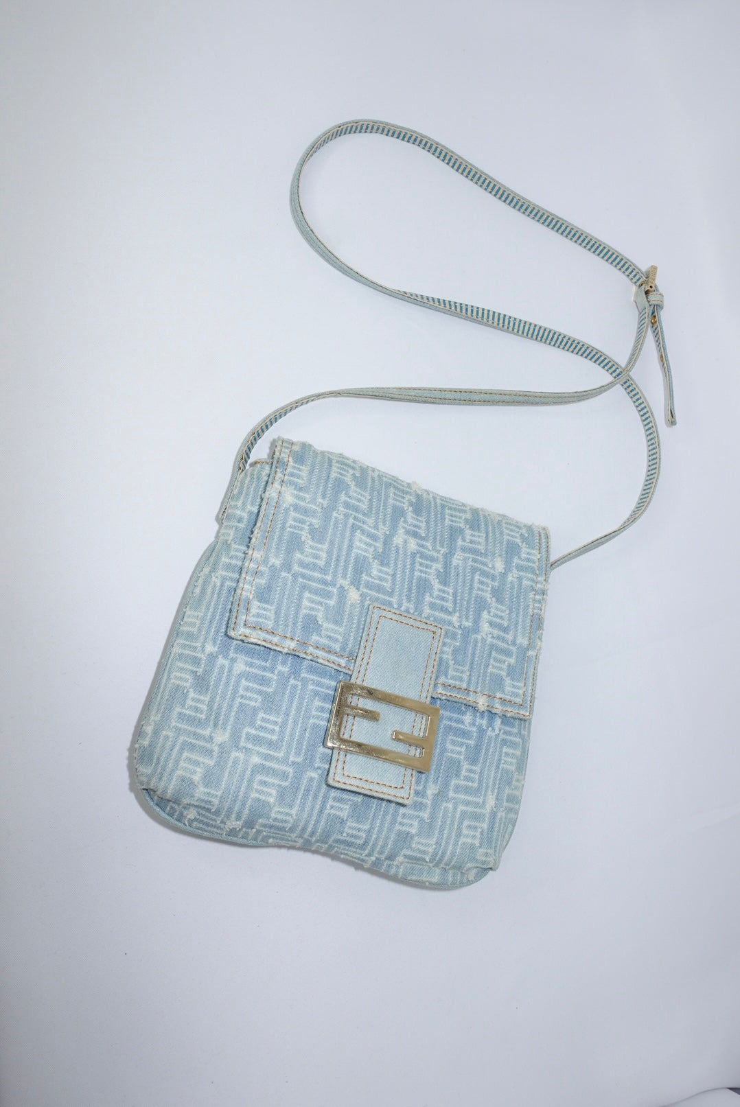 Fendi Zucca Vintage Denim Long Baguette Crossbody Bag