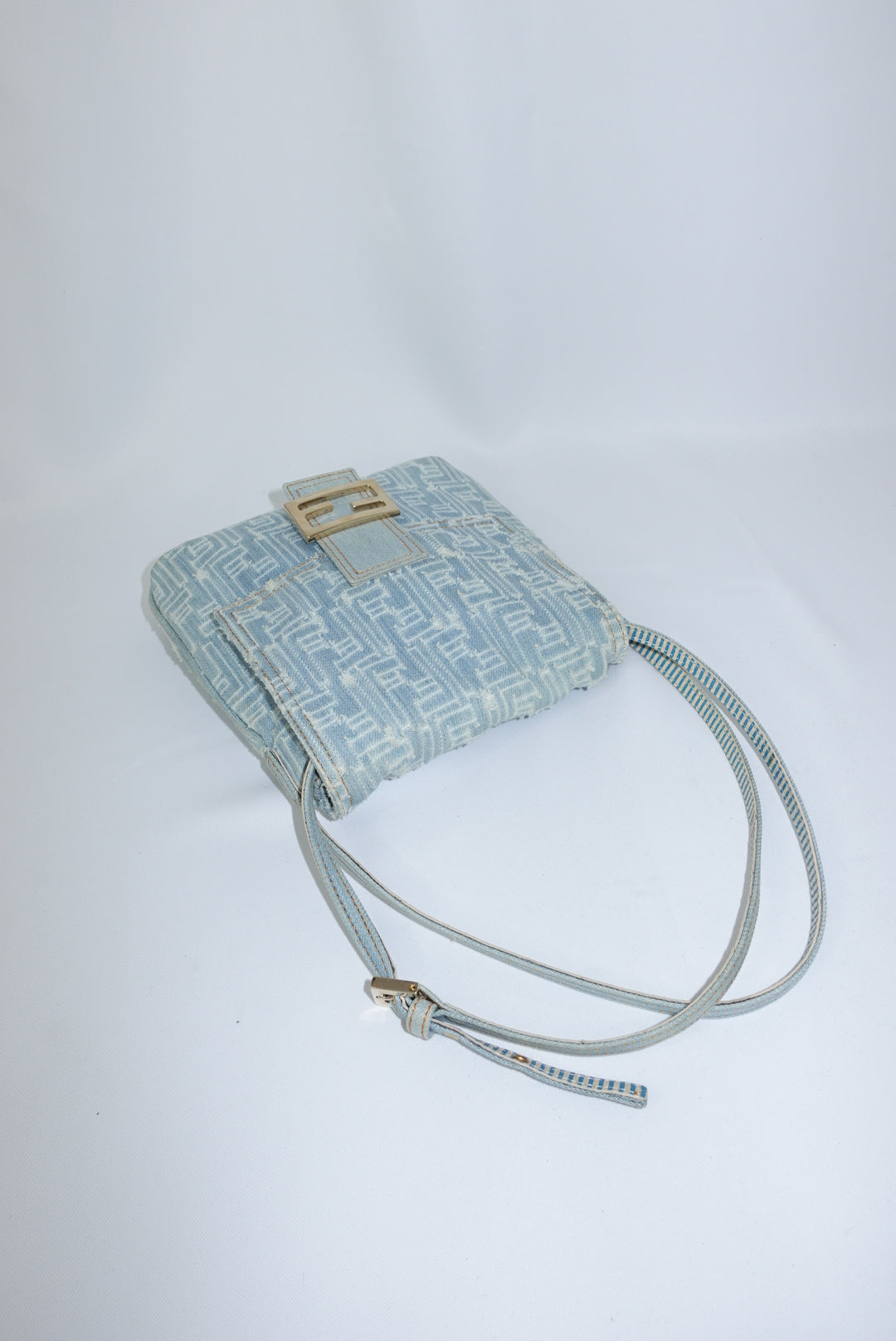 Fendi Zucca Vintage Denim Long Baguette Crossbody Bag