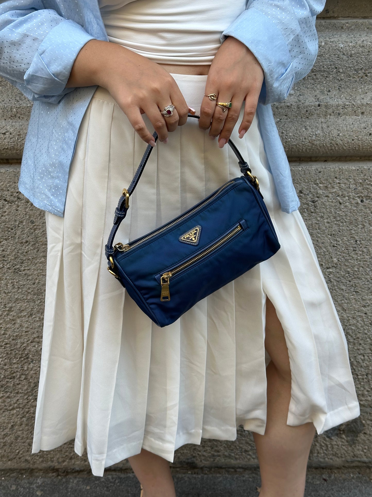 Prada Nylon Navy and Gold Shoulder Bag Y2K