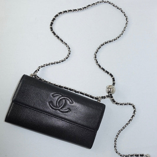 Chanel Re-Worked Flap Long Wallet With Chain in Black Caviar Leather with Embossed CC Logo