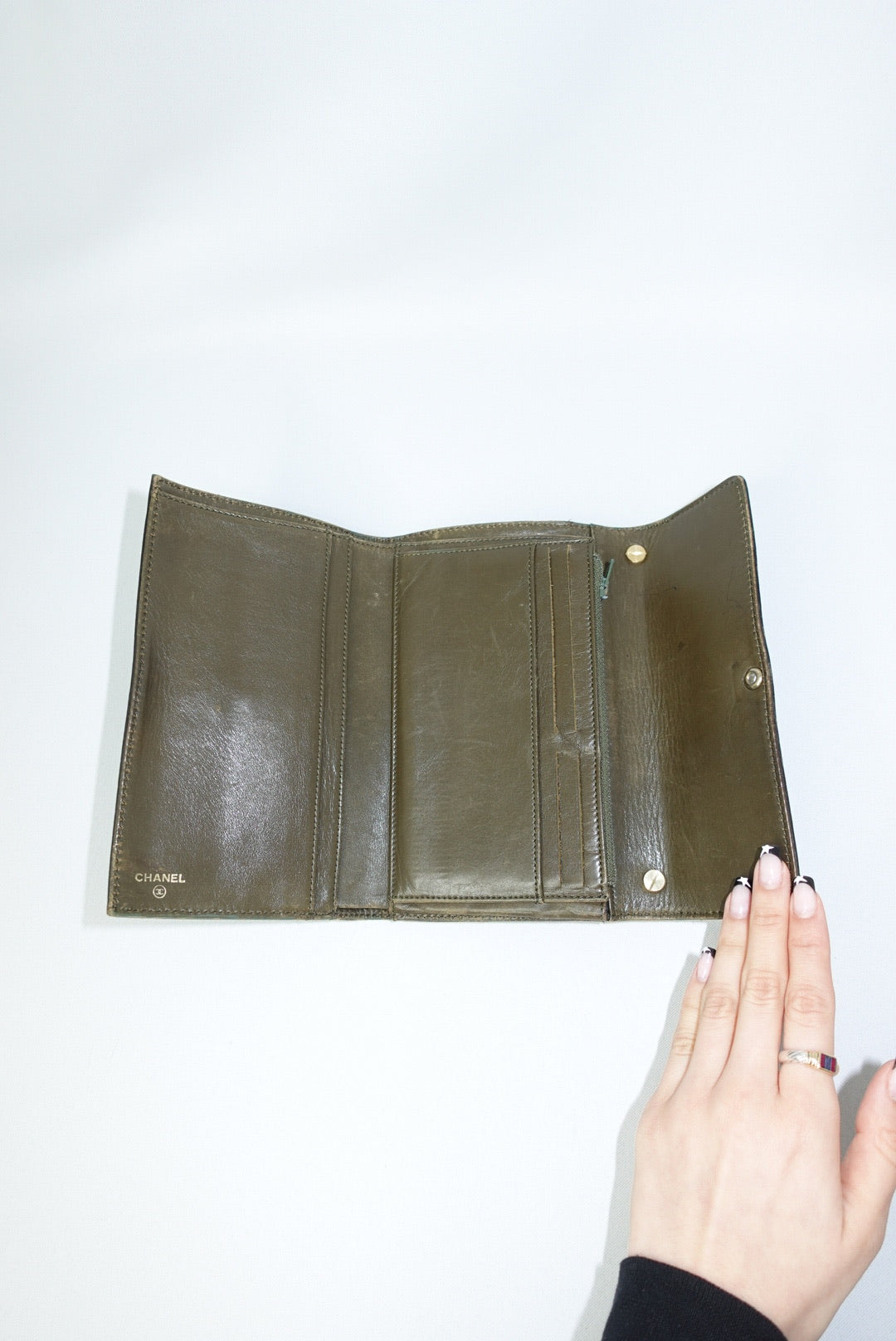 008. Re-Worked Chanel Vintage Olive Green Trifold Flap W.O.C.