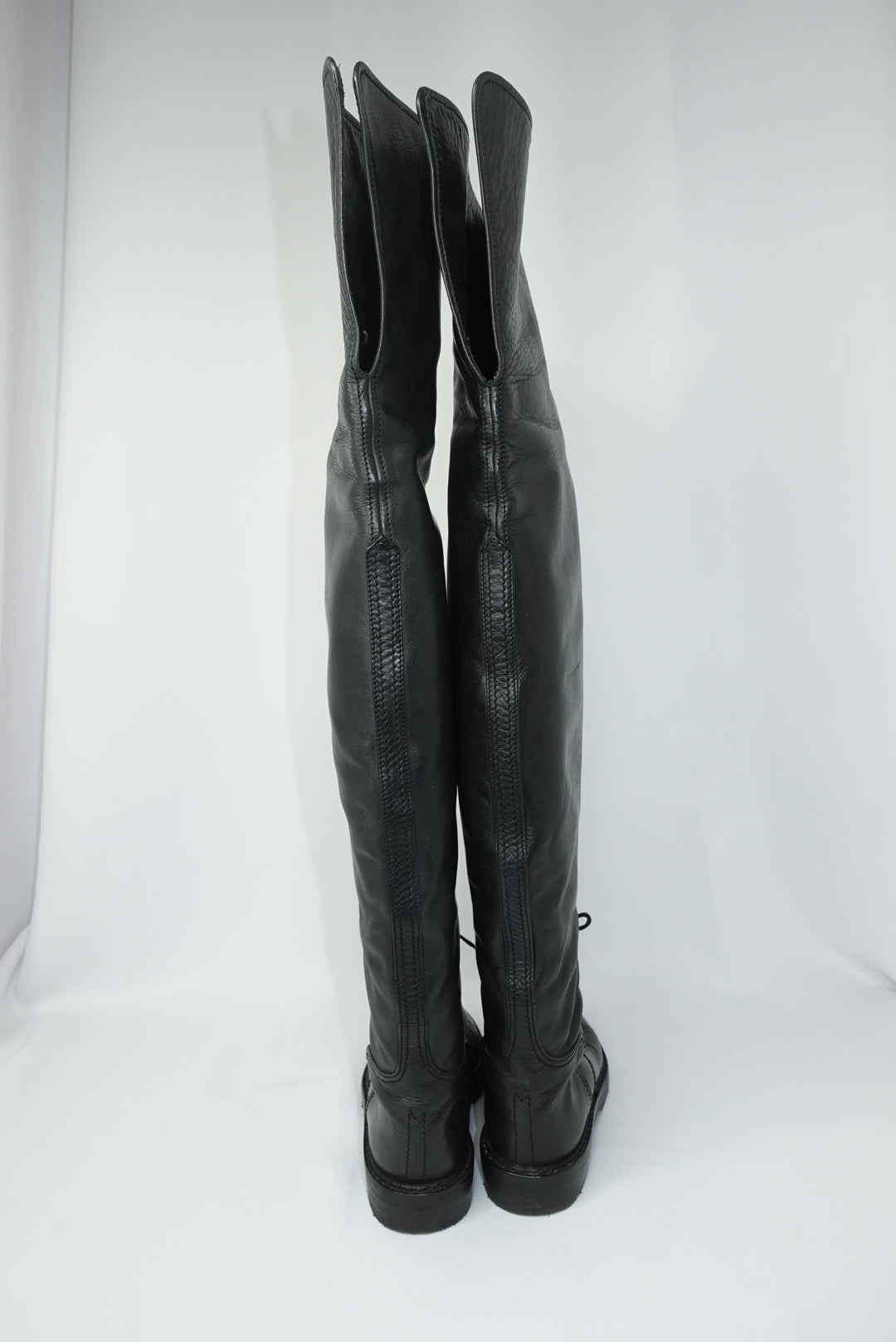 Chanel Vintage Black Leather Thigh-High Boots with Embroidered CC Interlocking Logo