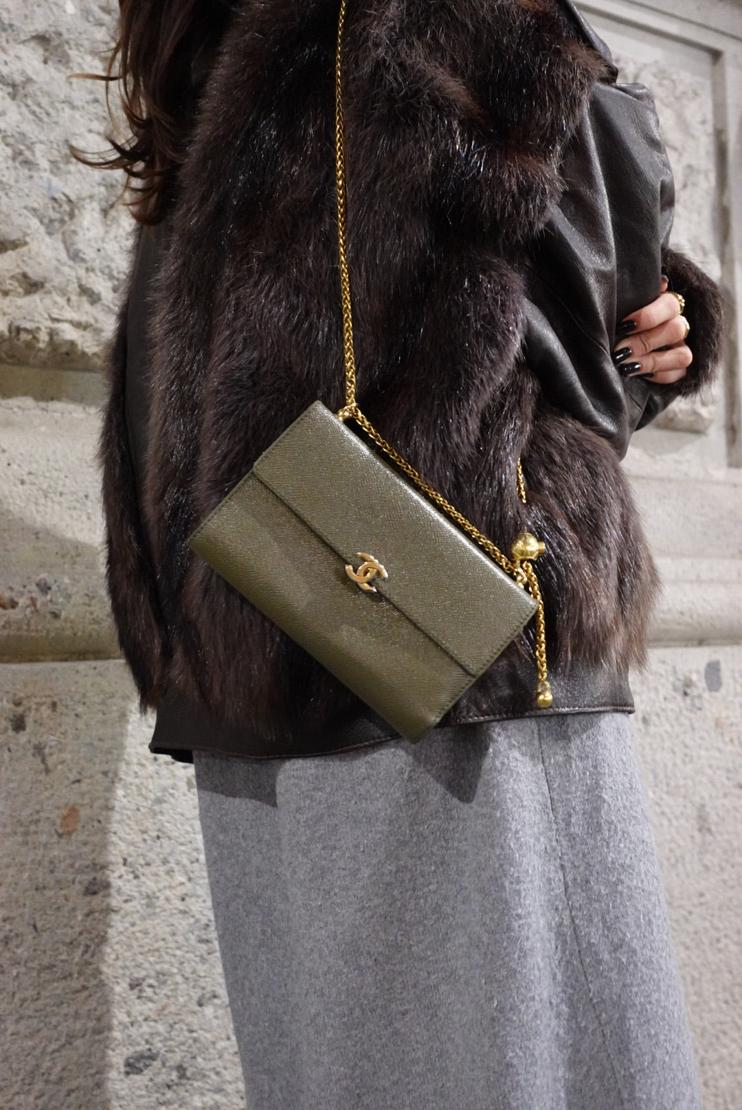 008. Re-Worked Chanel Vintage Olive Green Trifold Flap W.O.C.