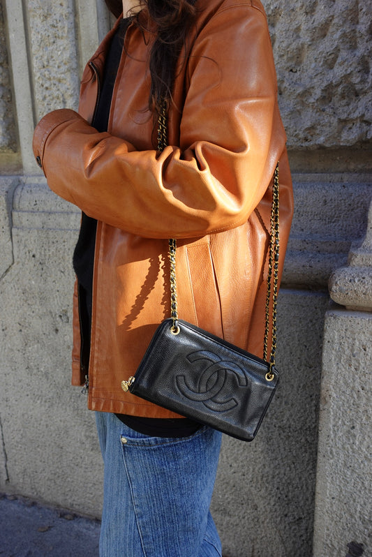 012. Chanel Re-Worked Zip Vintage Wallet With Chain CC Logo Big