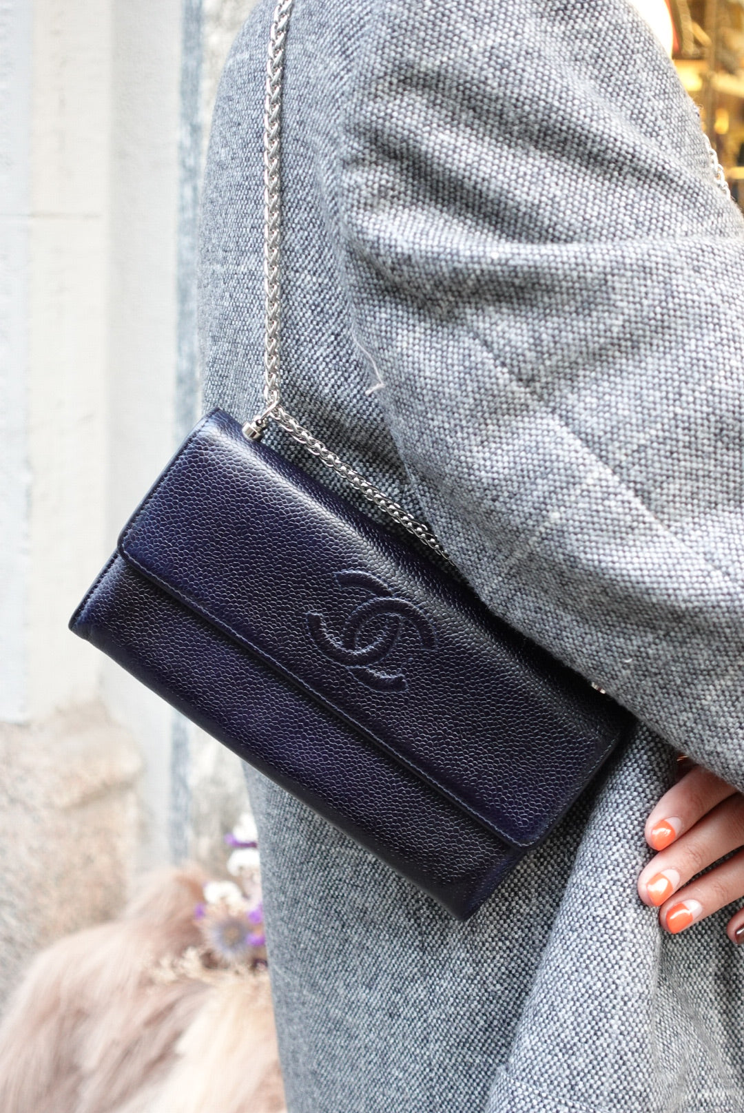 017. Chanel Re-Worked Flap W.O.C. Blue Navy CC logo