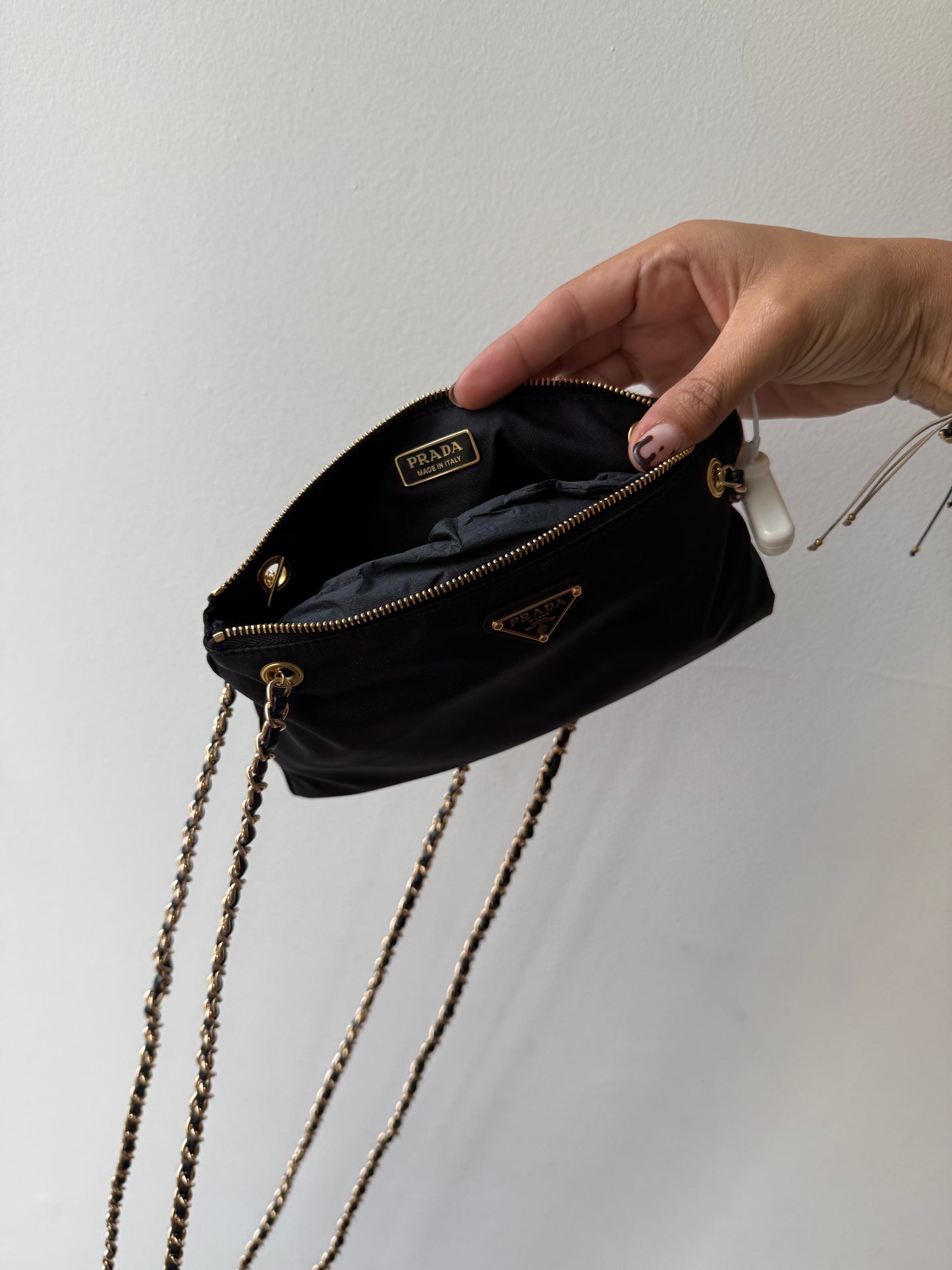 054. Re-Worked Prada Nylon Black and Gold Toned Chain Shoulder Bag