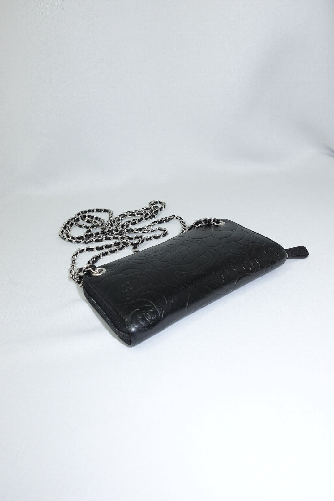 019. Re-Worked Chanel Zip Black W.O.C. Silver Hardware Limited Edition Camelia