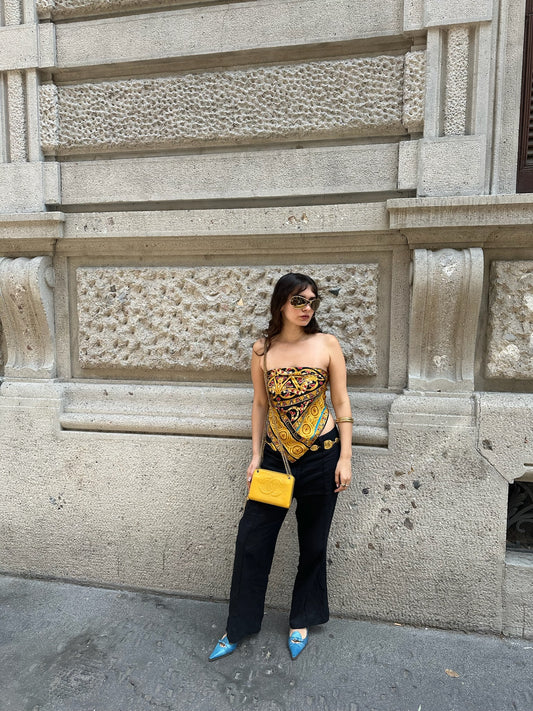 150. Christian Dior Vintage Gold and Black Pattern Scarf