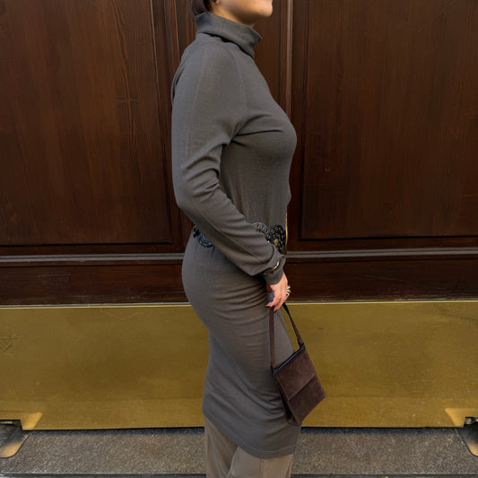 Abito lungo in lana a collo alto grigio Bottega Veneta