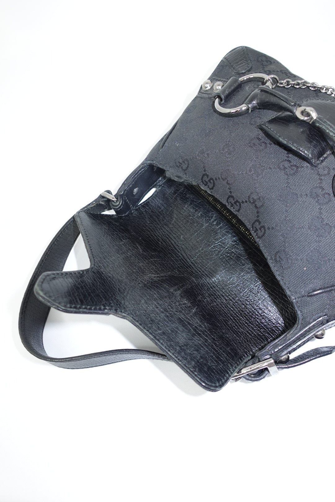 Gucci Horsebit Chain Vintage Black Canvas and Leather Shoulder Bag