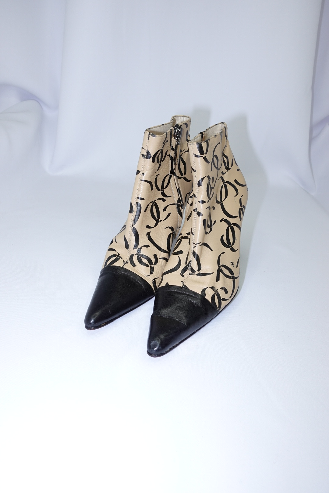 041. Chanel Vintage Heeled Ankle Boots with CC Logo Print