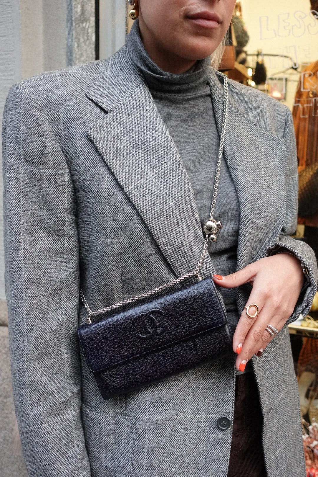 017. Chanel Re-Worked Flap W.O.C. Blue Navy CC logo