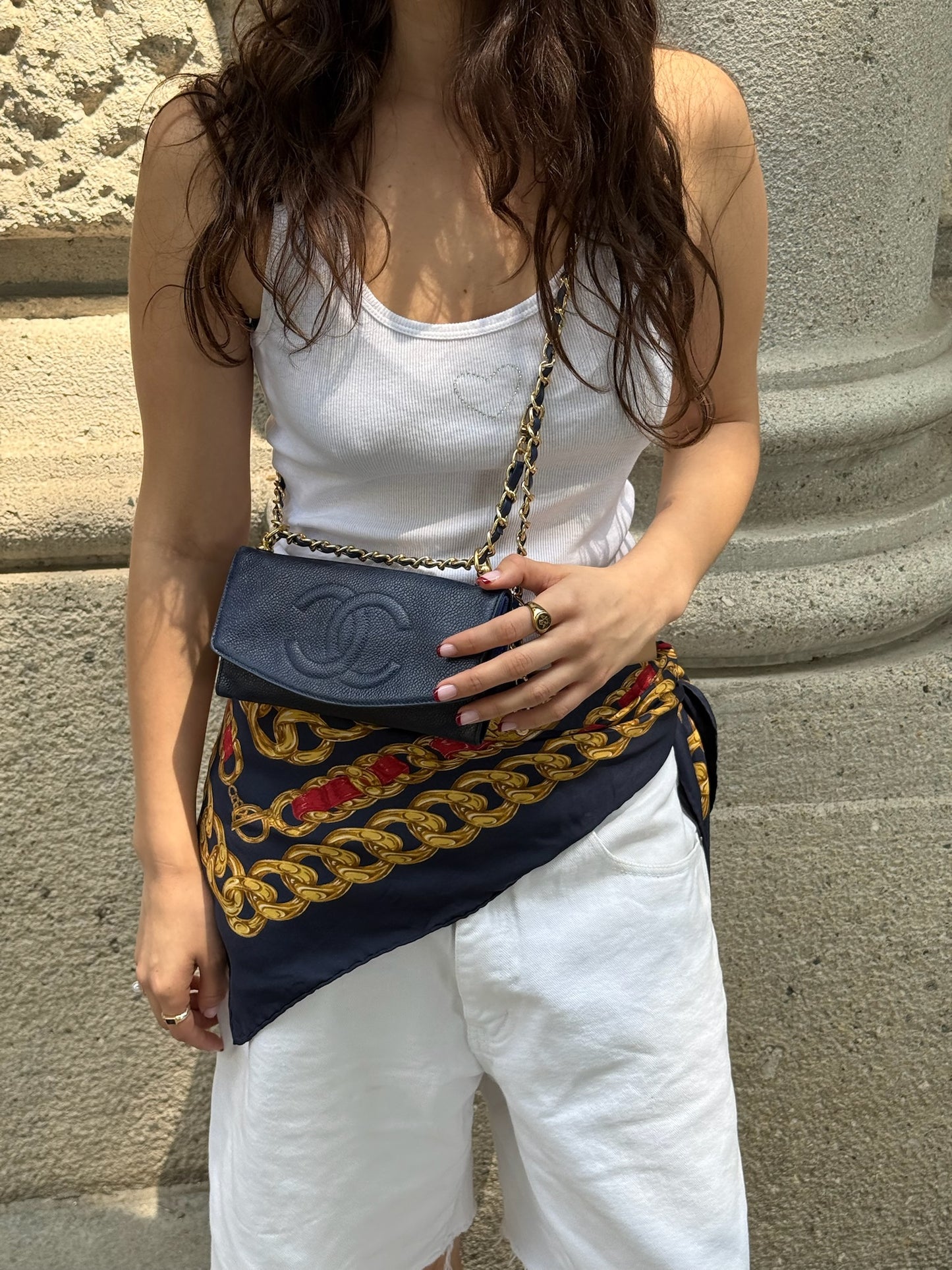 018. Chanel Re-Worked Vintage Flap W.O.C. Navy Caviar Leather CC logo