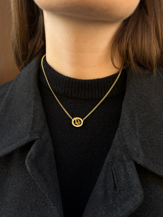Christian Dior Gold Toned Vintage Necklace Round Crystals Logo