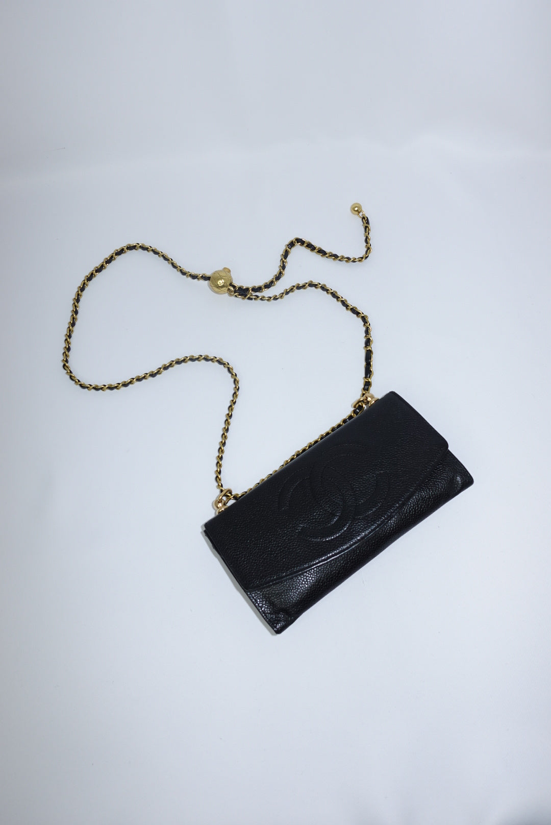 127. Chanel Re-Worked Vintage Long Flap W.O.C. Black Caviar CC logo
