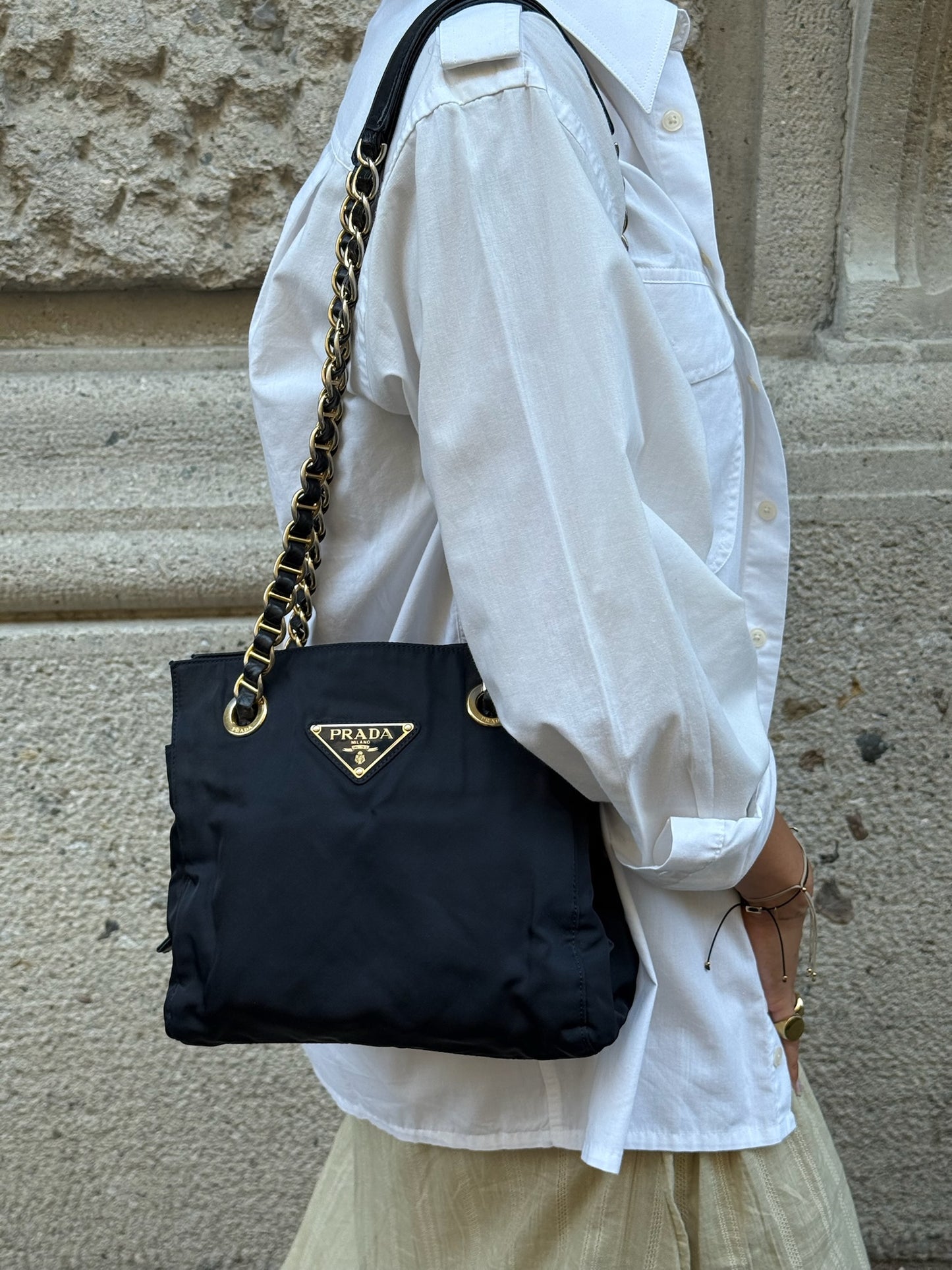 Prada Nylon Navy Gold Toned Chain Shoulder Bag