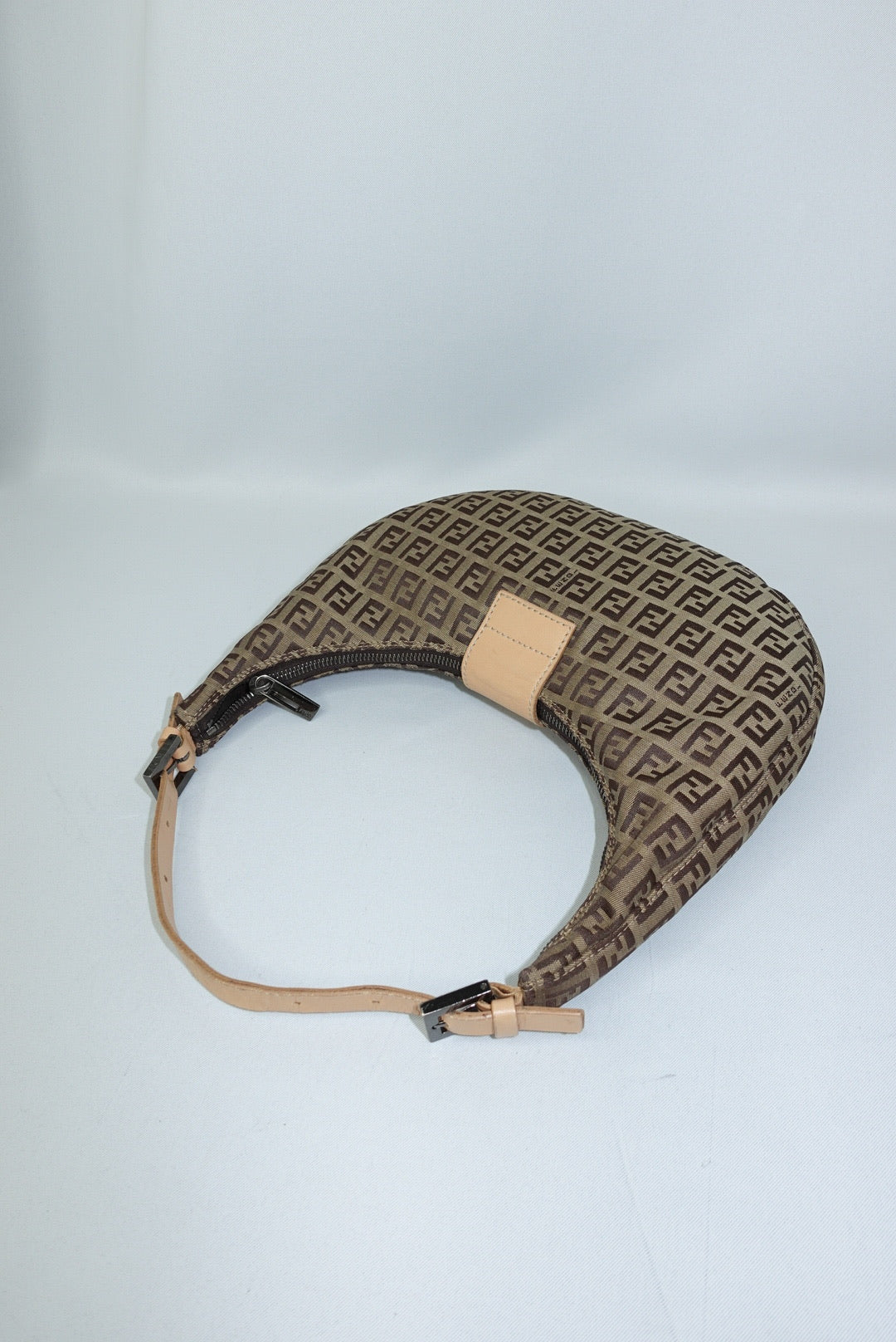 110. Fendi Zucchini Vintage Hobo Brown Canvas Monogram Croissant Bag