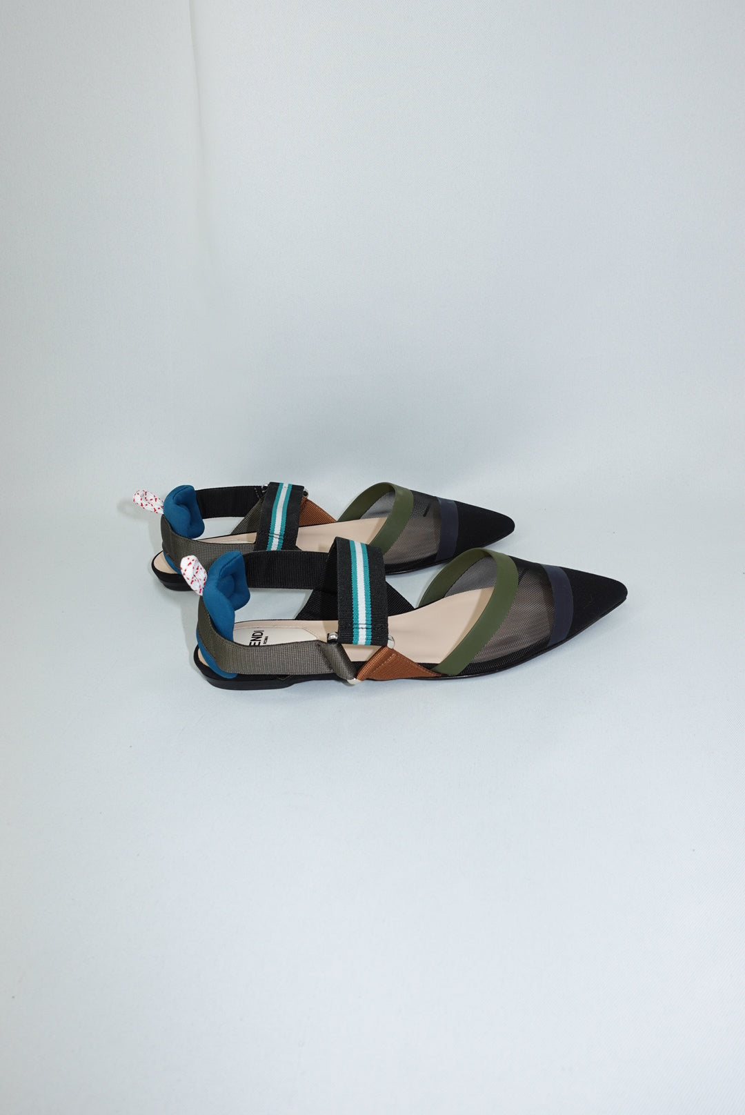076. Fendi Colibri Mesh Pointed-Toe Blue and Green Ballerina Shoes 36
