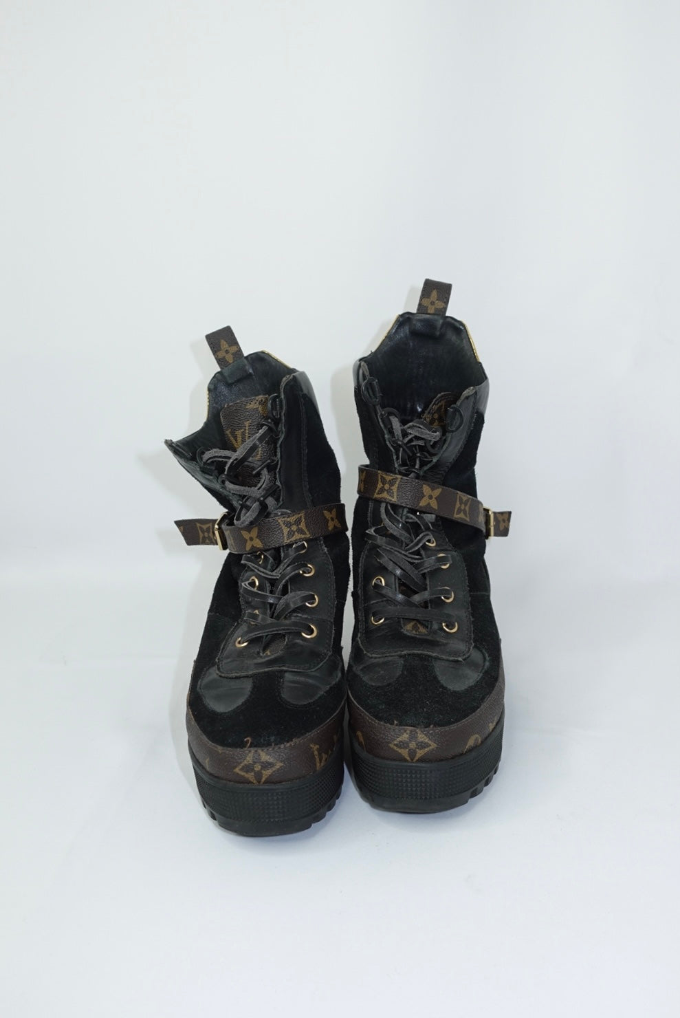 Louis Vuitton Monogram Black Leather and Suede Combat Boots