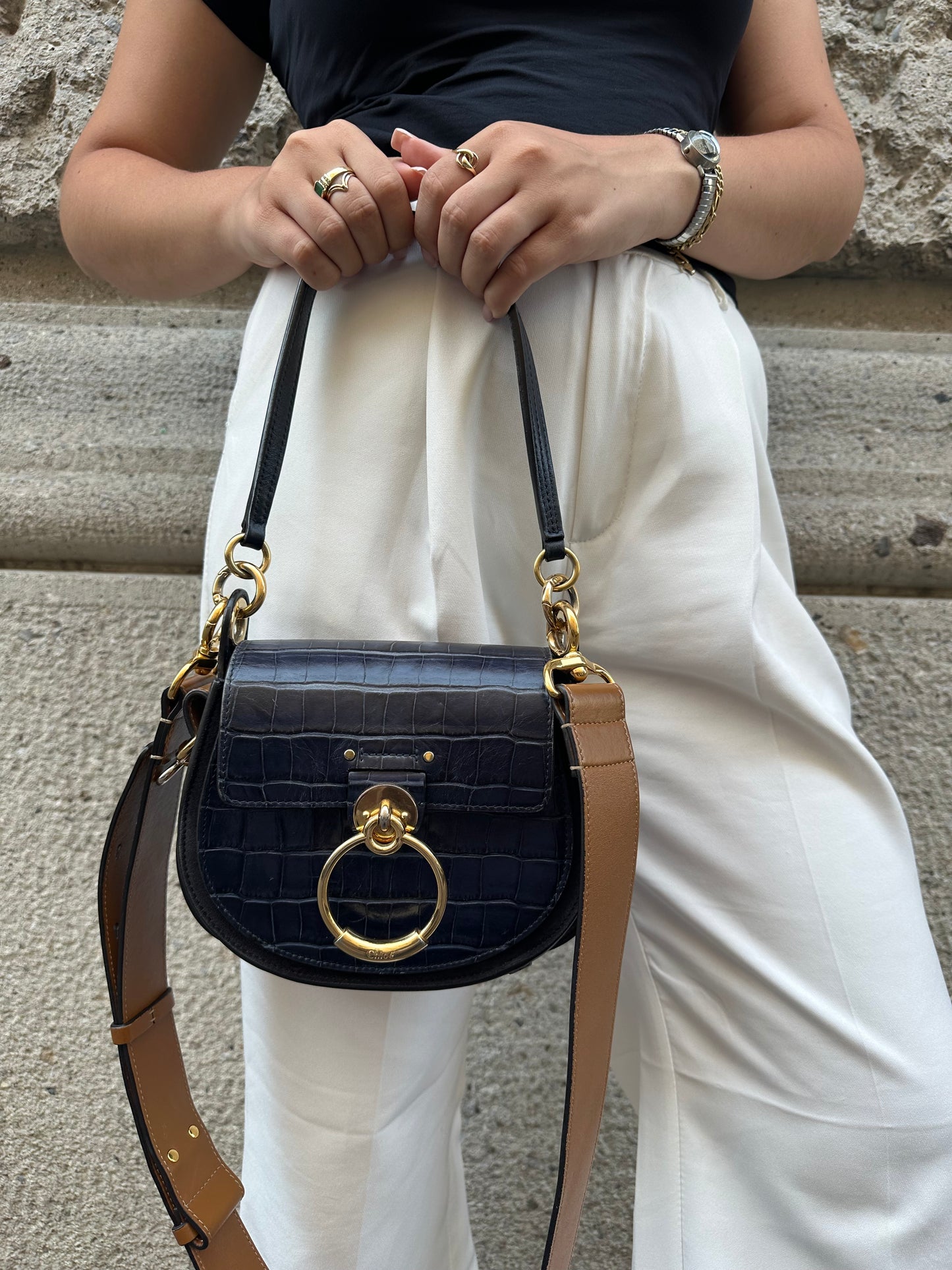 120. Chloé Tess Navy and Gold Shoulder Bag