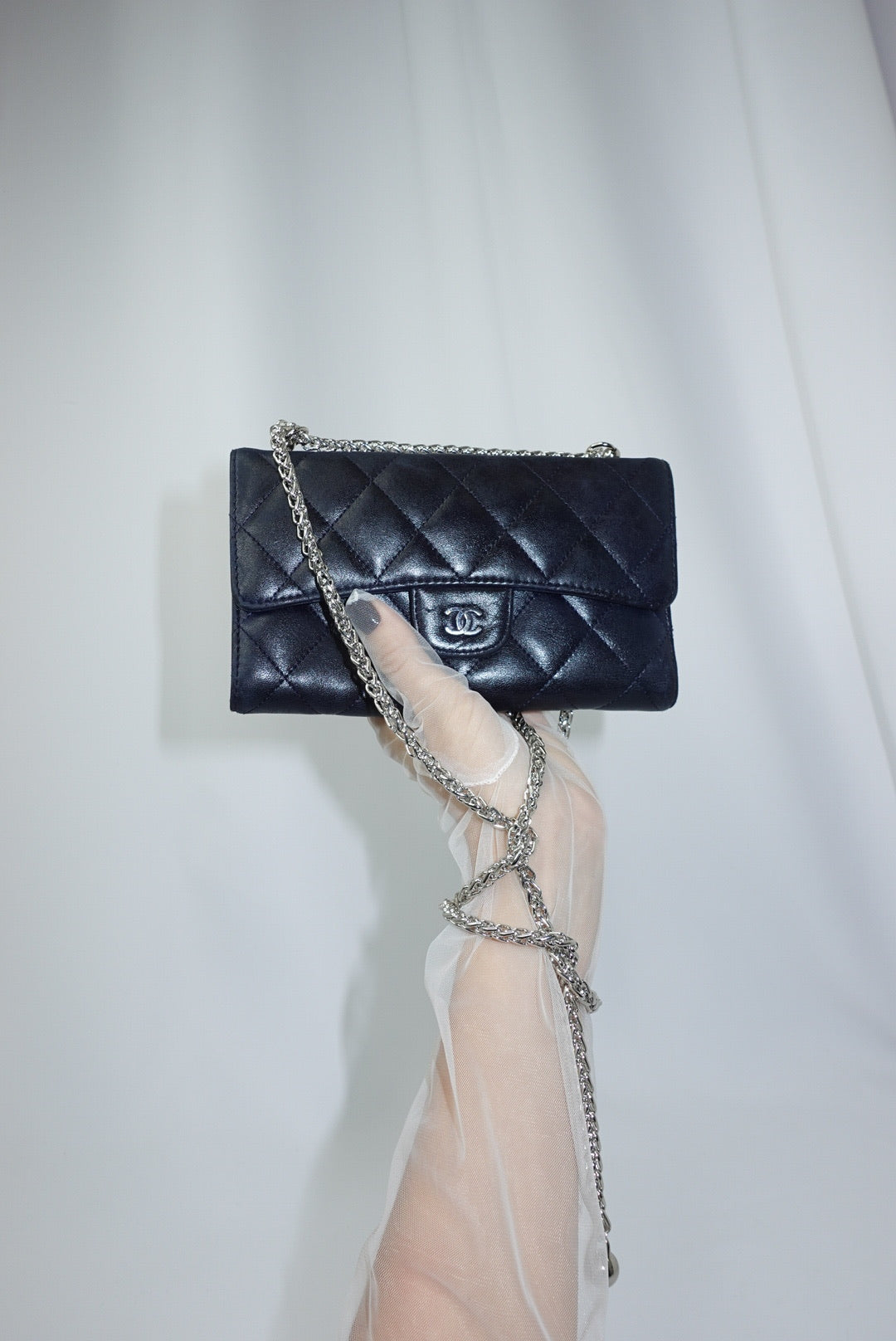 Re-Worked Chanel Timeless Trifold Vintage Navy Wallet with Chain