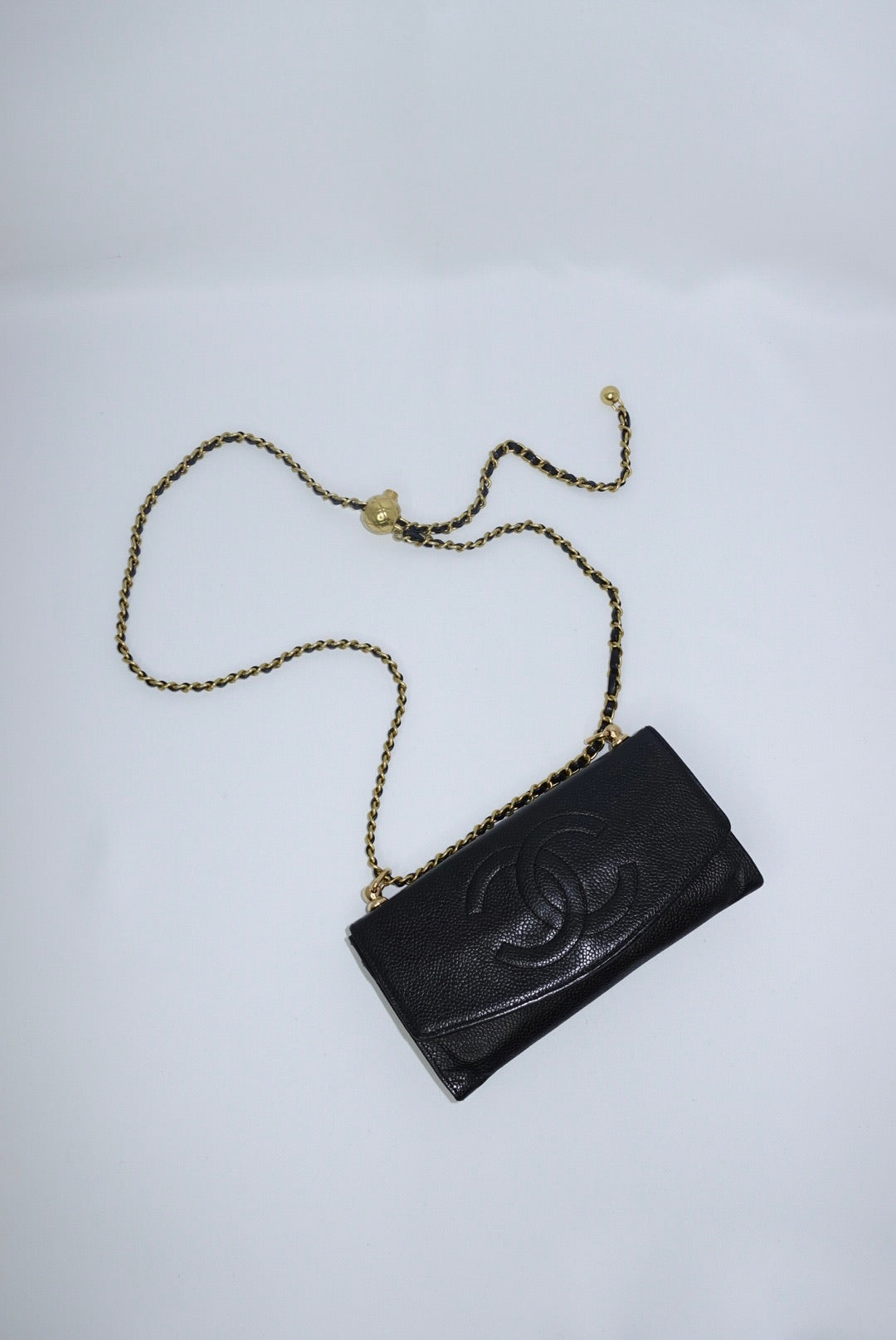 127. Chanel Re-Worked Vintage Long Flap W.O.C. Black Caviar CC logo
