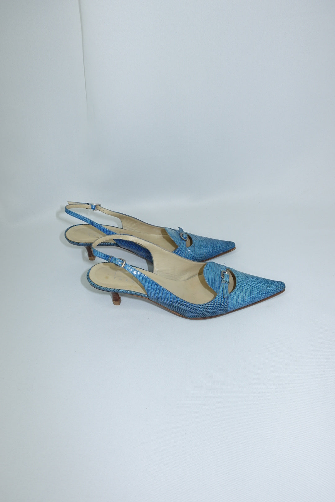Cerulean Blue Vintage Pointed Toe Lizard Kitten Heels 37