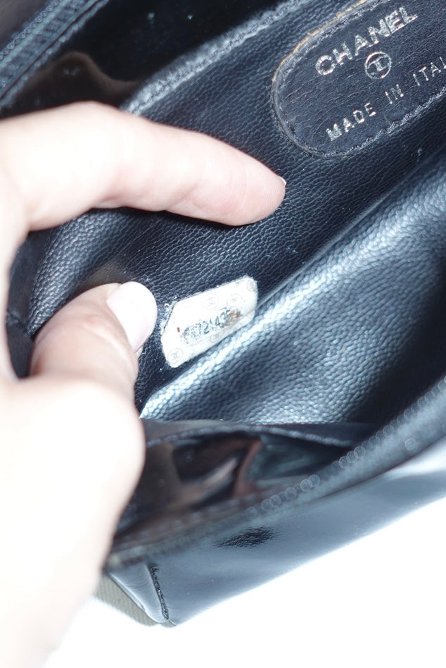 Chanel Re-Worked CC Flap Vintage Black Patent Leather Wallet w/ Chain