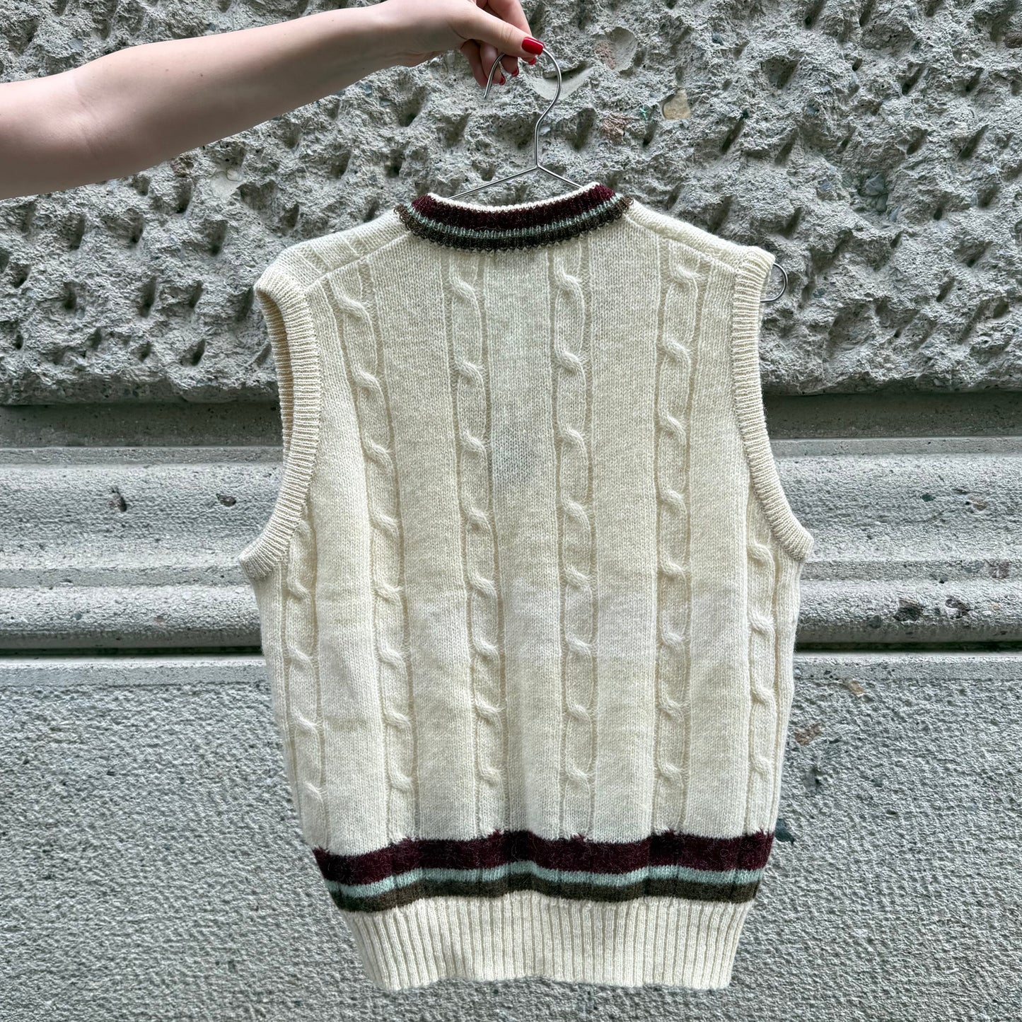 Vintage Cream Knit Wool Vest Burgundy Blue Stripe