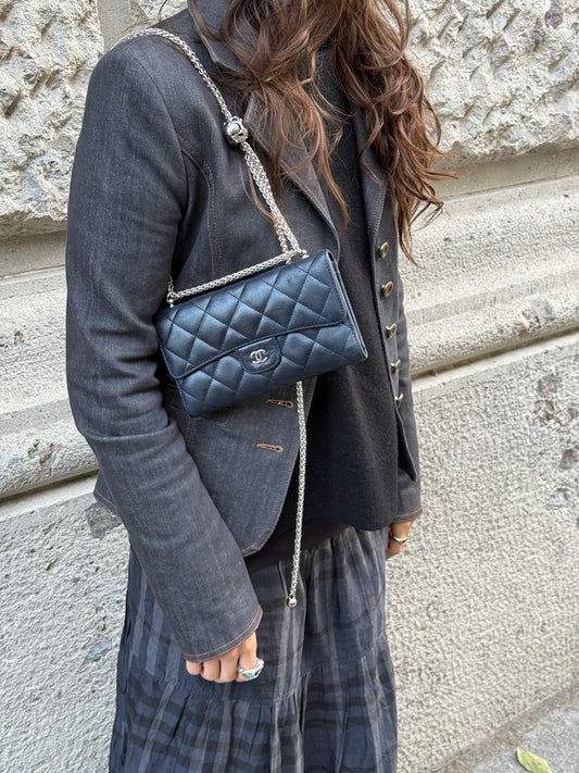 Re-Worked Chanel Timeless Trifold Vintage Navy Wallet with Chain
