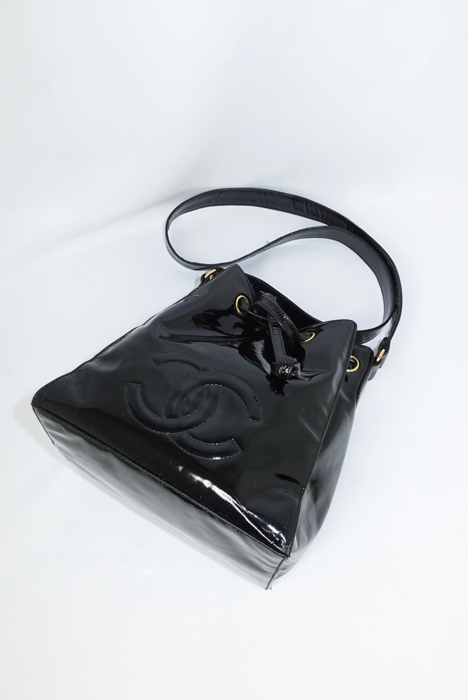 Chanel Vintage Black Patent Bucket Shoulder Bag