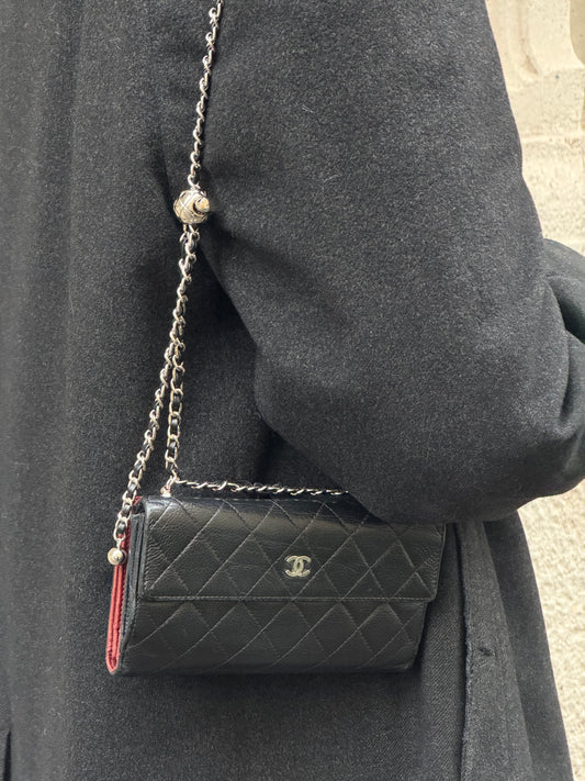 reworked chanel black quilted flap wallet with chain