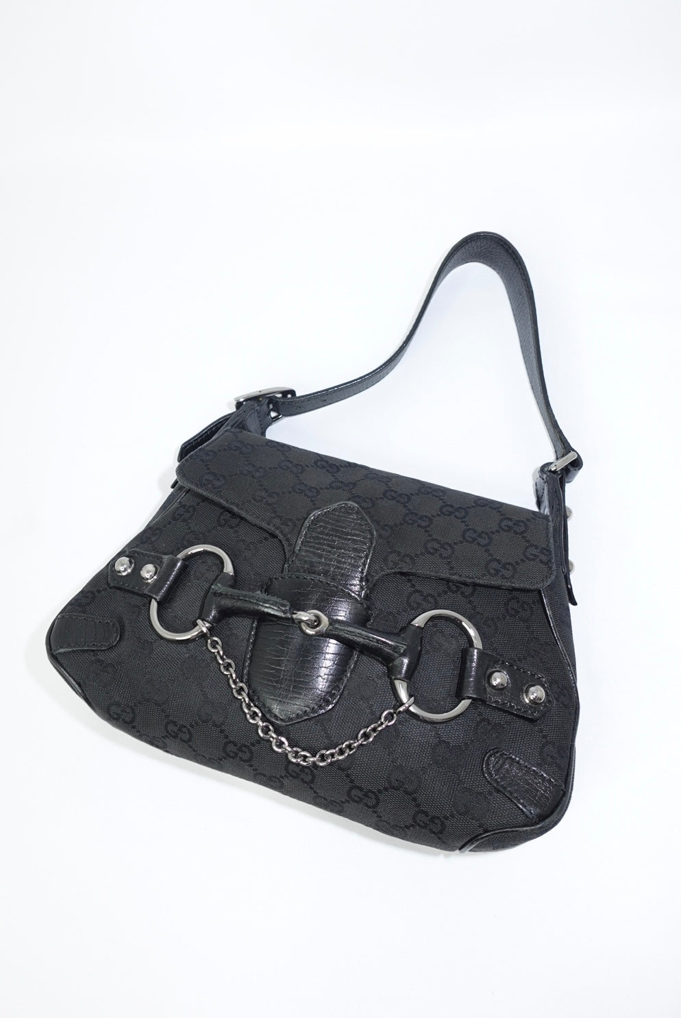 Gucci Horsebit Chain Vintage Black Canvas and Leather Shoulder Bag