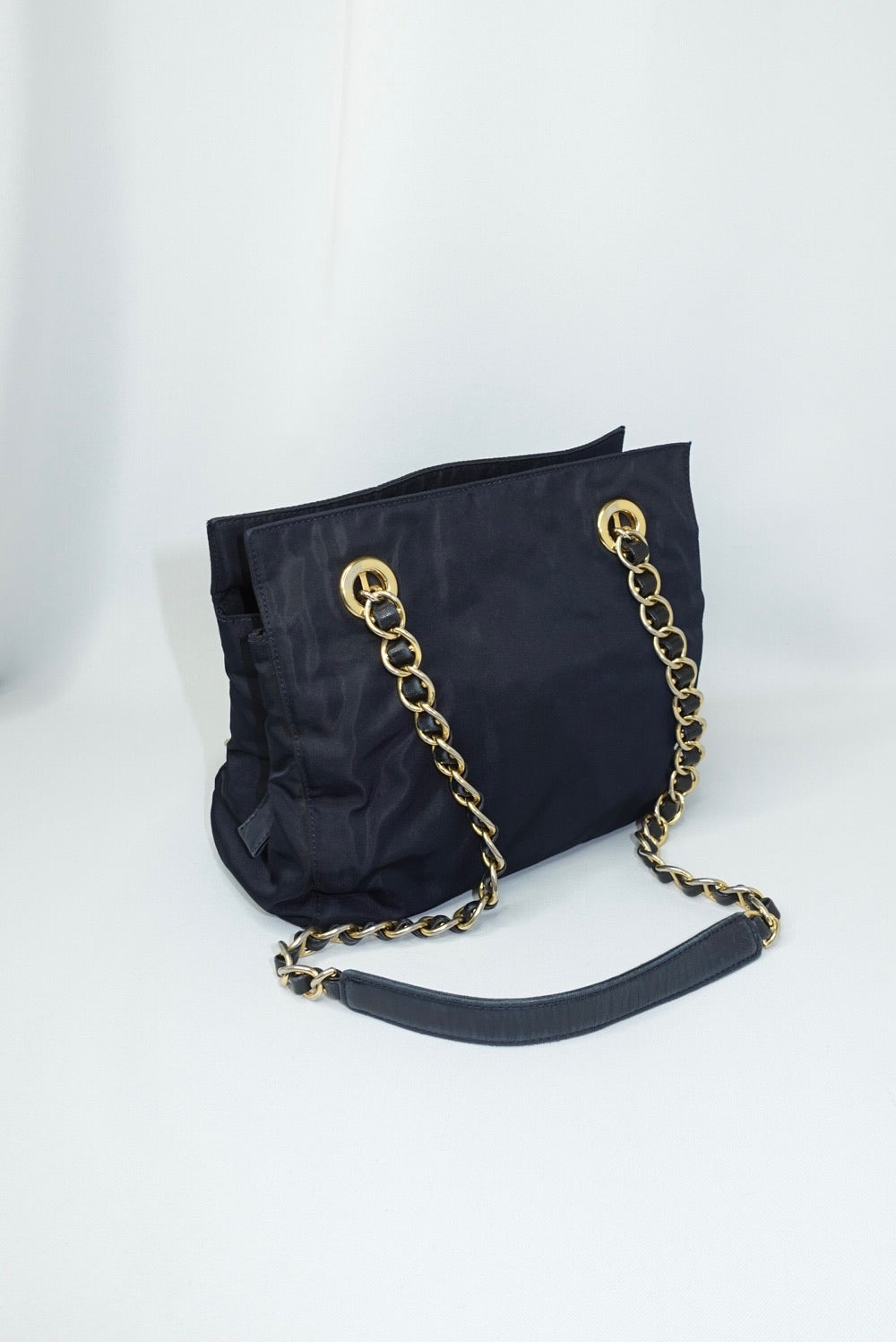 Prada Nylon Navy Gold Toned Chain Shoulder Bag