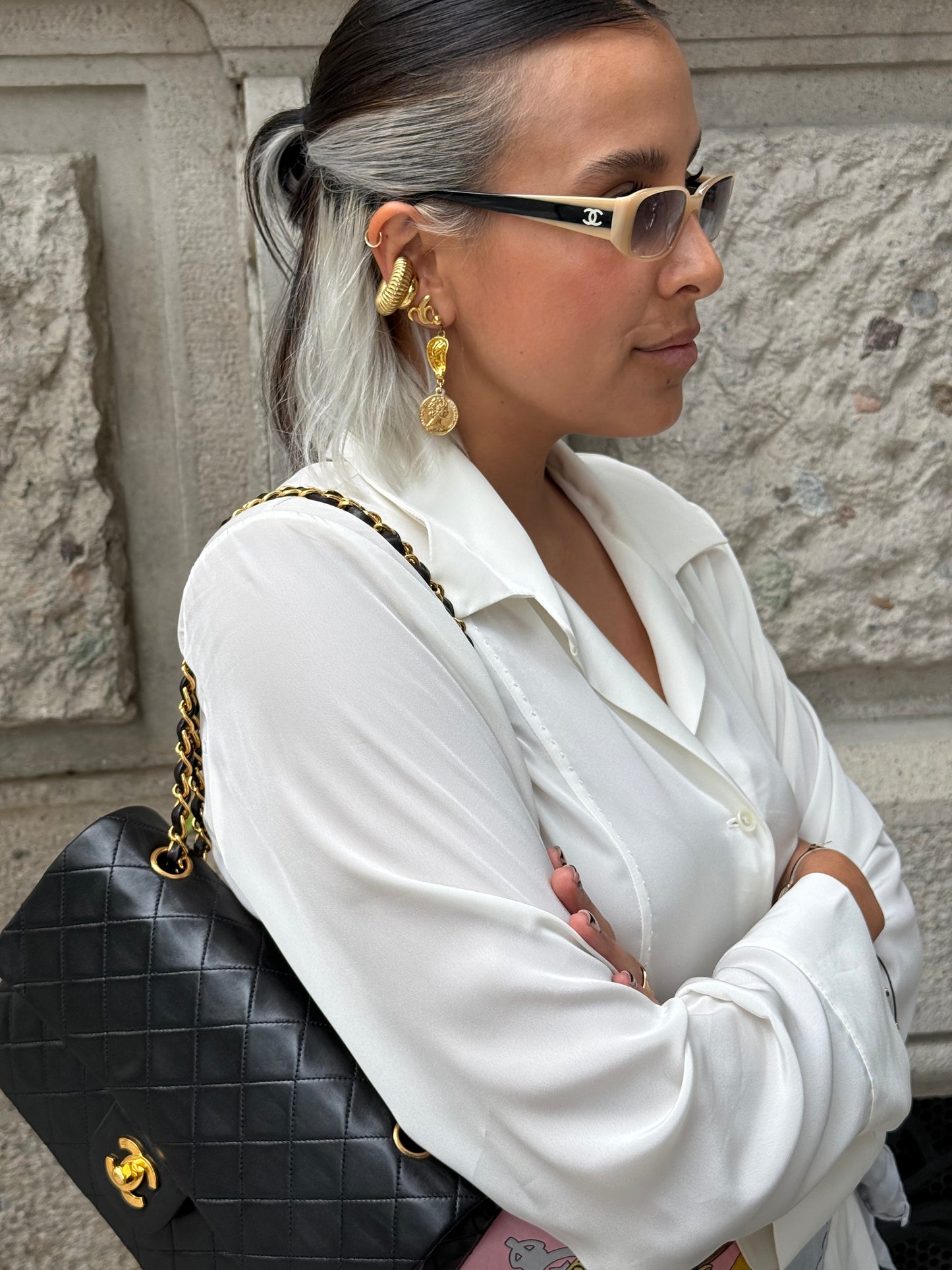 173. Chanel Rectangular Beige and Silver Sunglasses