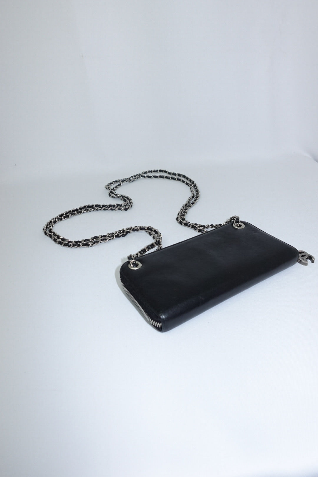 170. Chanel Re-Worked Zip Vintage W.O.C Black CC Chain Interlocking Logo